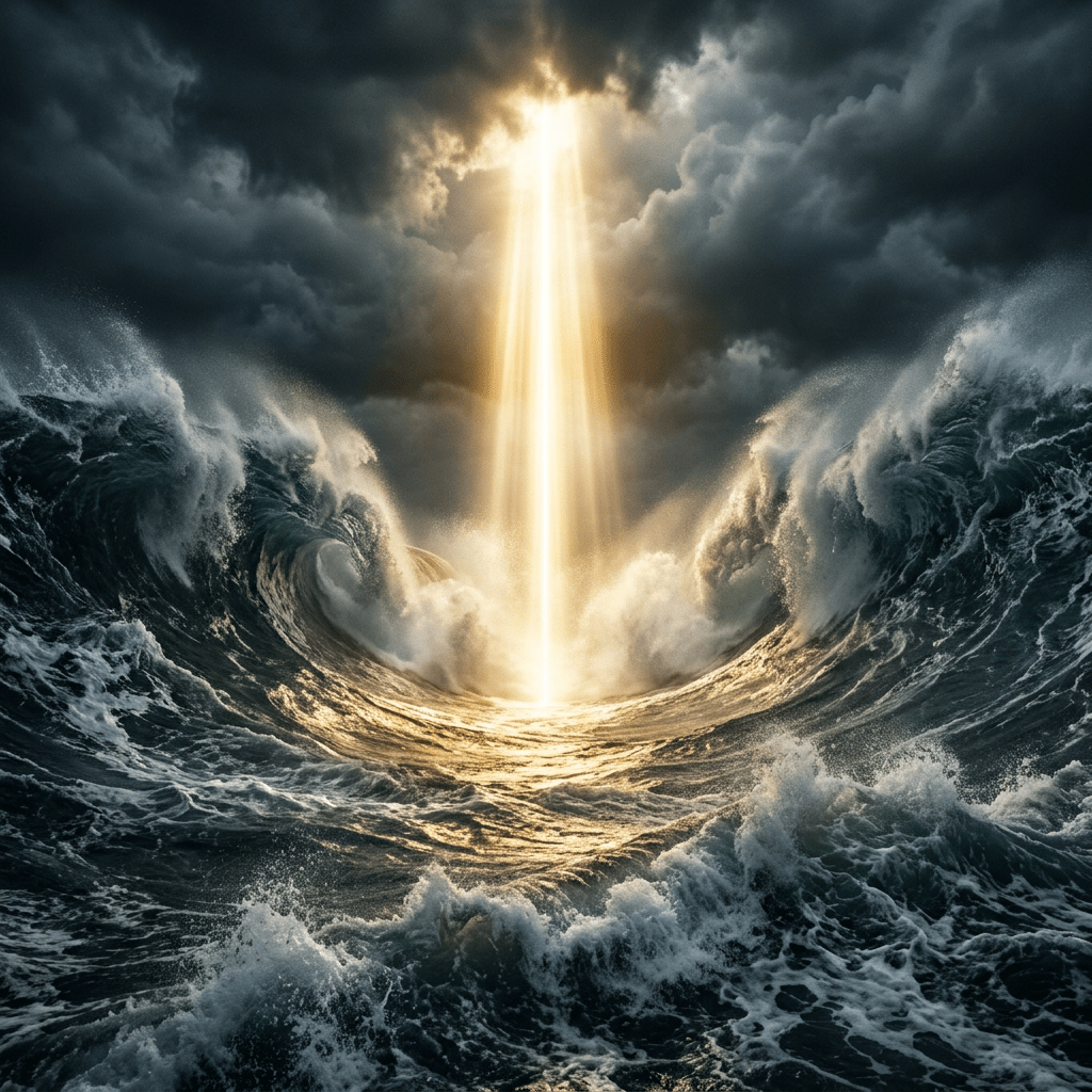 Golden light beam dividing stormy ocean waves under dark clouds