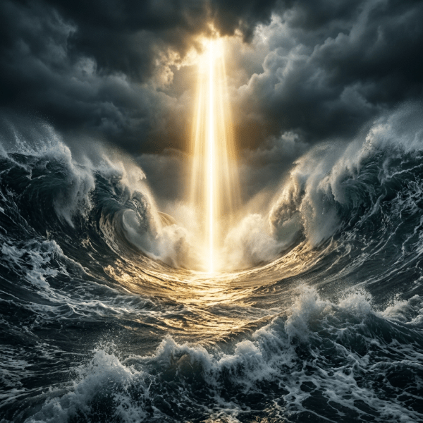 Golden light beam dividing stormy ocean waves under dark clouds