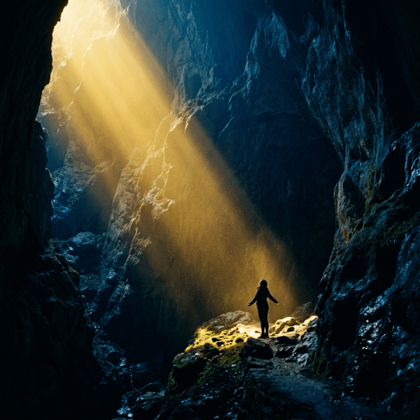 A lone person standing in a sunlit cavern beneath golden rays